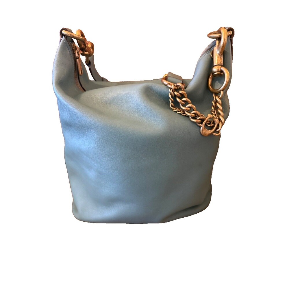 Coach 79029 Signature Chain Duffle Purse Teal Brass Glovetanned Leather Hobo Bag